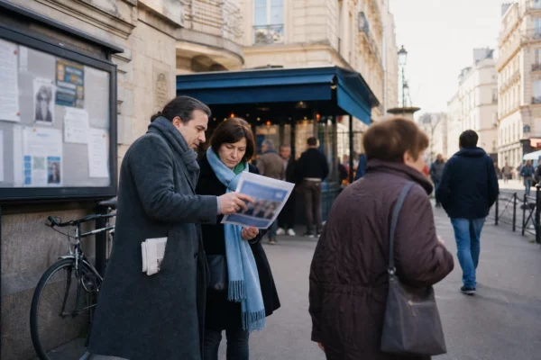 Passants anonymes dans une rue française autour d’un tract électoral flou et d’un journal plié