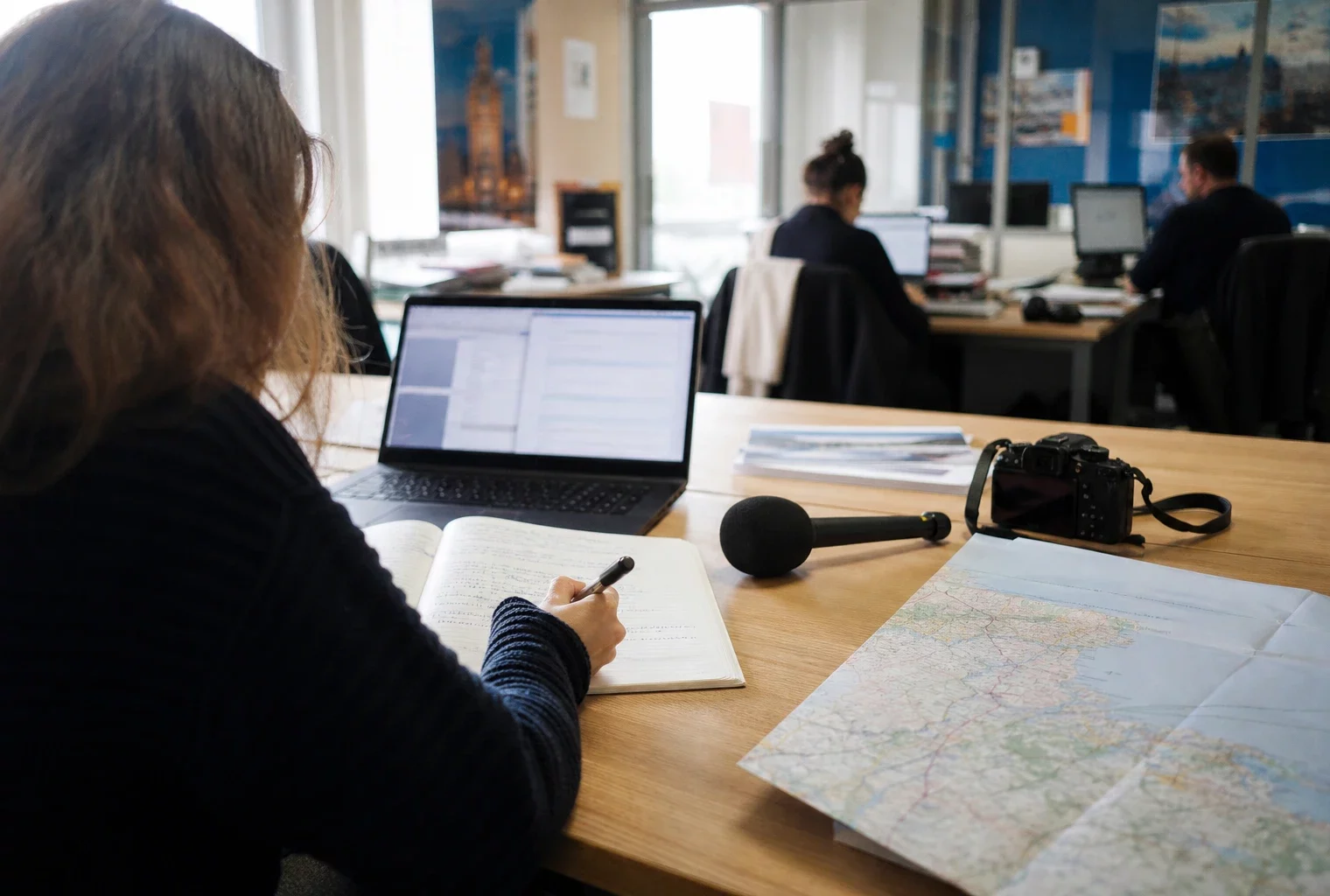 Journaliste préparant un sujet politique territorial dans une rédaction locale française, avec carnet et carte floue