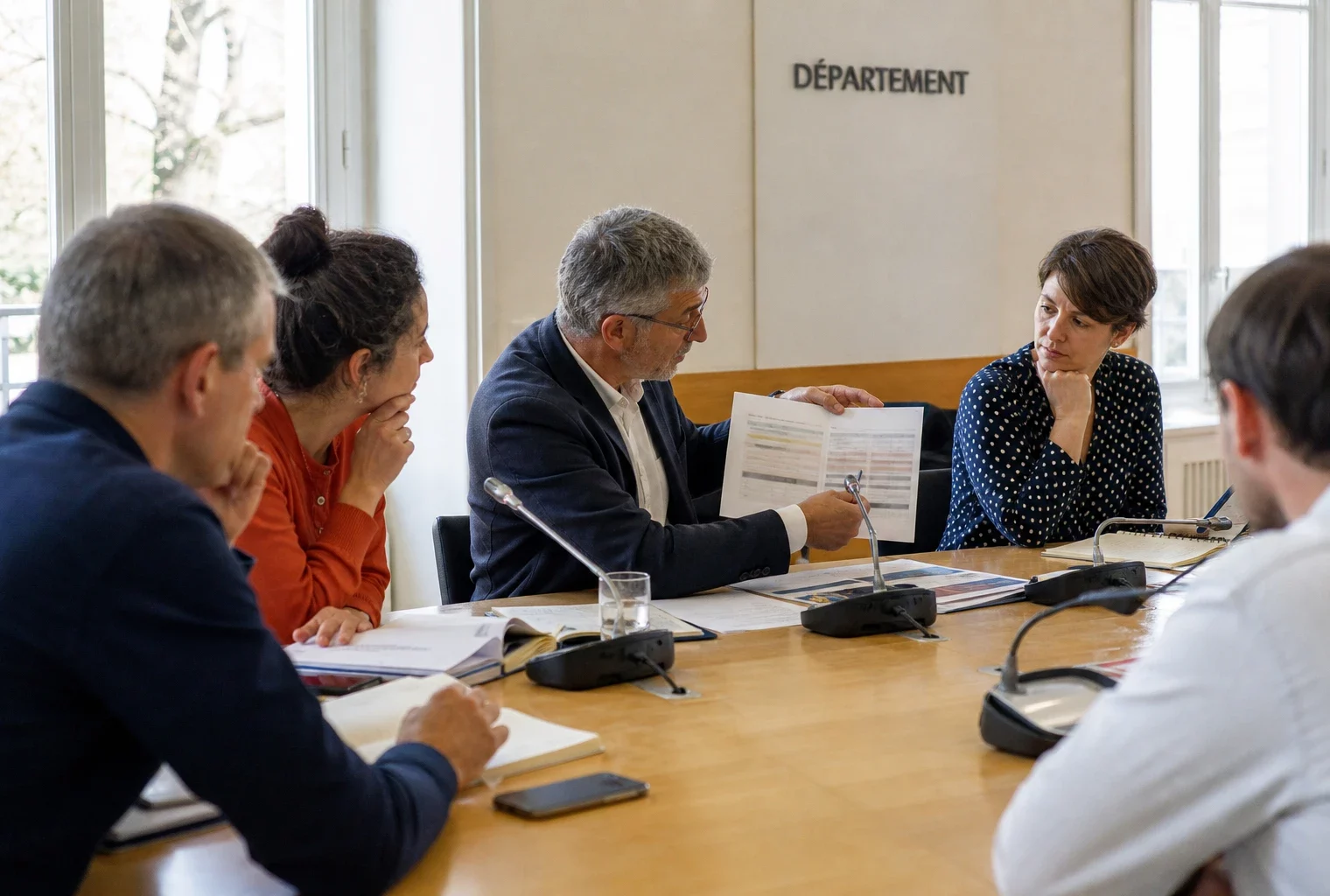 Réunion de commission dans le Var sur l’aide aux sinistrés des incendies, avec élus anonymes, dossiers et microphones