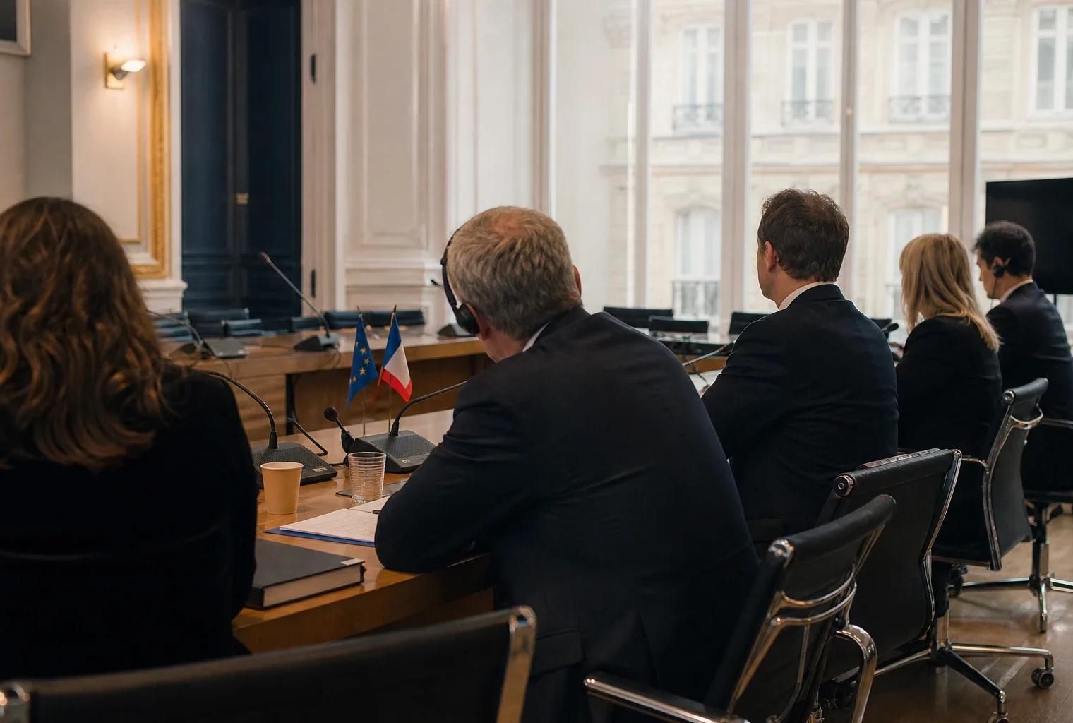 Réunion européenne sobre avec silhouettes de dos, dossiers et micros autour d’une table, dans une lumière claire.