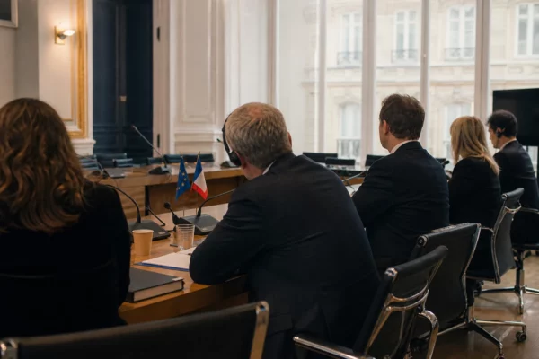 Réunion européenne sobre avec silhouettes de dos, dossiers et micros autour d’une table, dans une lumière claire.