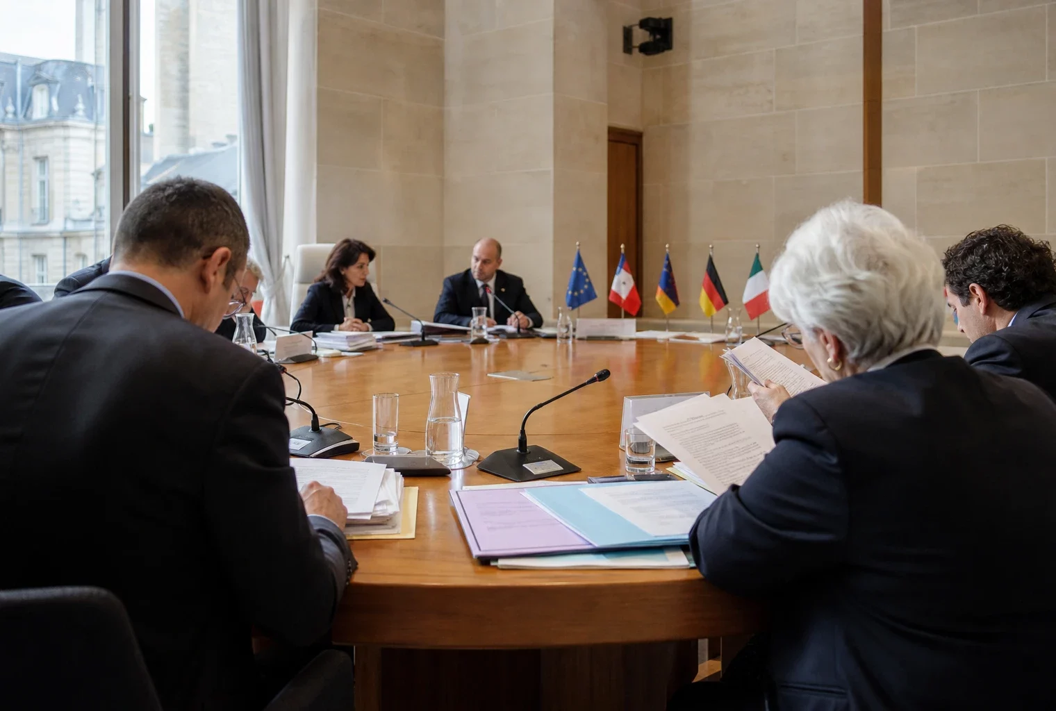 Réunion européenne sobre avec des délégués anonymes, dossiers et micros autour d’une table institutionnelle en France