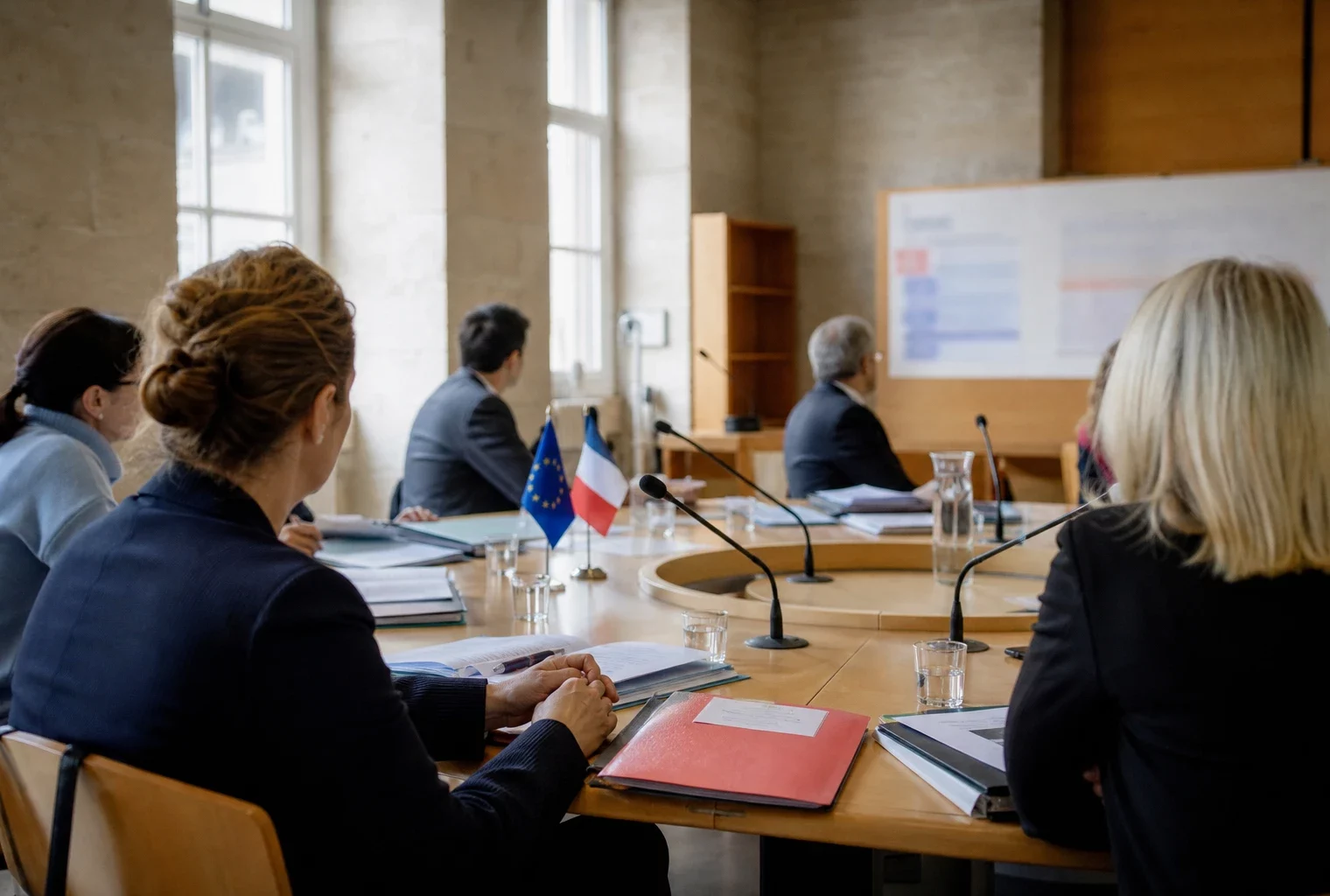 Réunion européenne à Lyon avec des participants anonymes, dossiers et micros autour d’une table institutionnelle