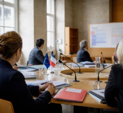 Réunion européenne à Lyon avec des participants anonymes, dossiers et micros autour d’une table institutionnelle