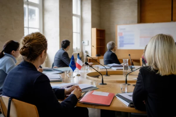 Réunion européenne à Lyon avec des participants anonymes, dossiers et micros autour d’une table institutionnelle