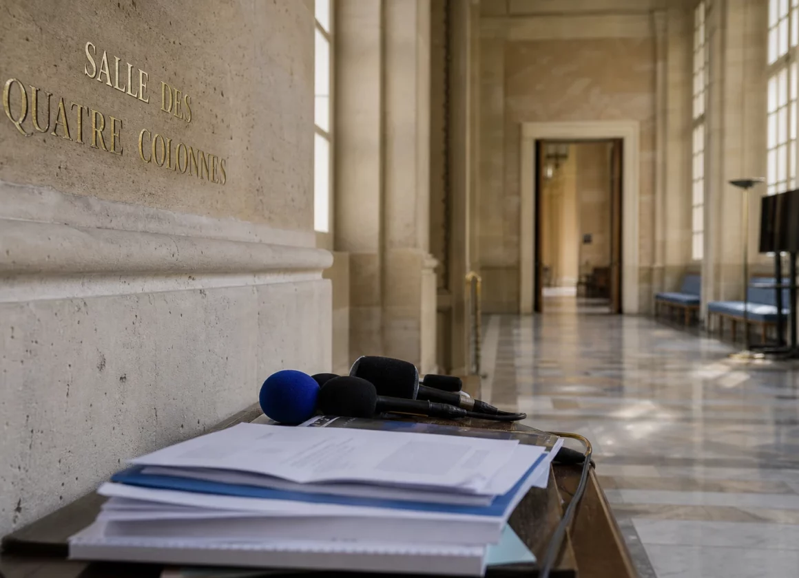 Salle institutionnelle française avec micros de presse, illustrant le débat politique et l’influence numérique de Rima Hassan