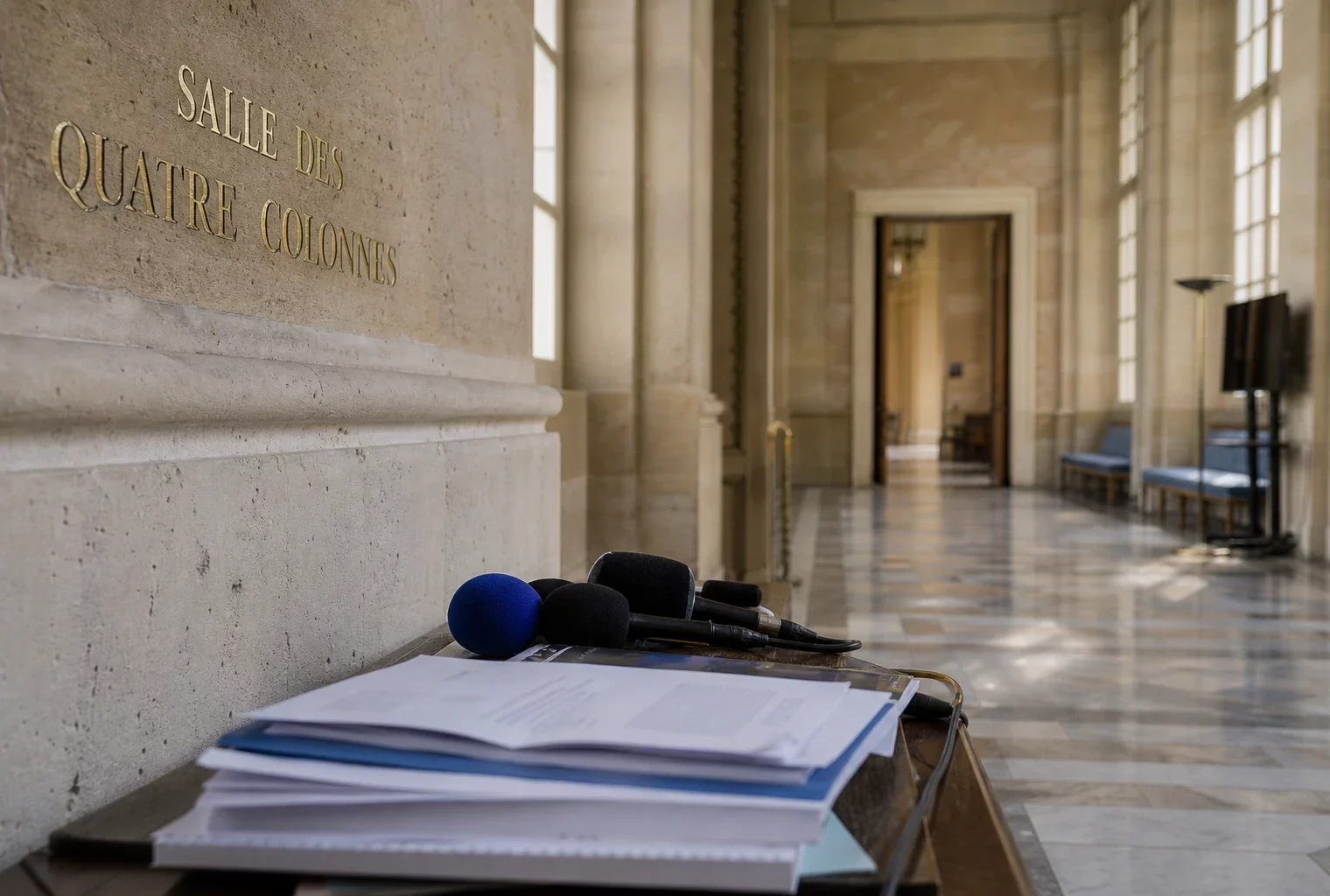 Salle institutionnelle française avec micros de presse, illustrant le débat politique et l’influence numérique de Rima Hassan