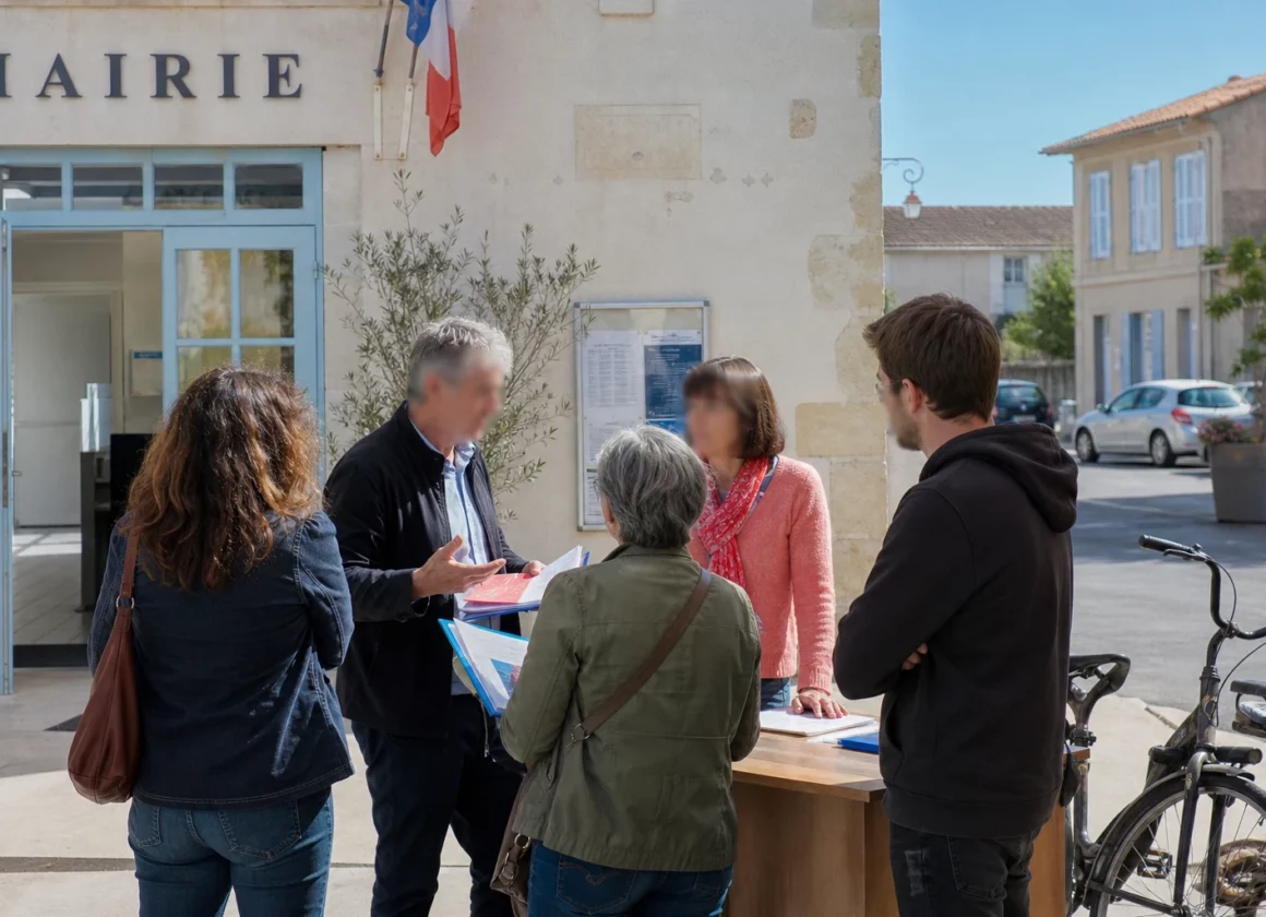 Citoyens et élus anonymes échangent devant une mairie française, illustrant l’impact local du pouvoir présidentiel.