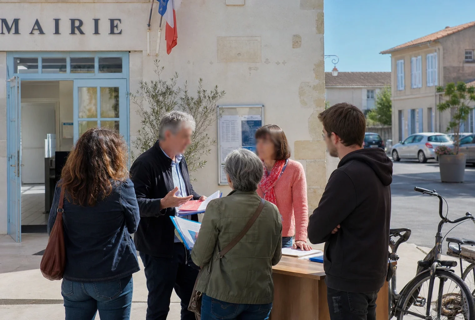Citoyens et élus anonymes échangent devant une mairie française, illustrant l’impact local du pouvoir présidentiel.