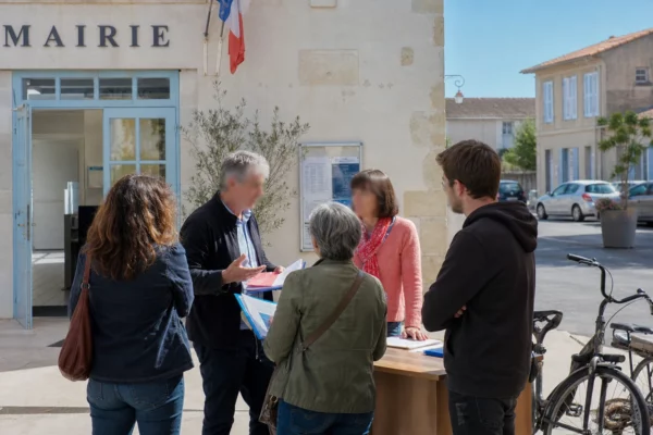 Citoyens et élus anonymes échangent devant une mairie française, illustrant l’impact local du pouvoir présidentiel.