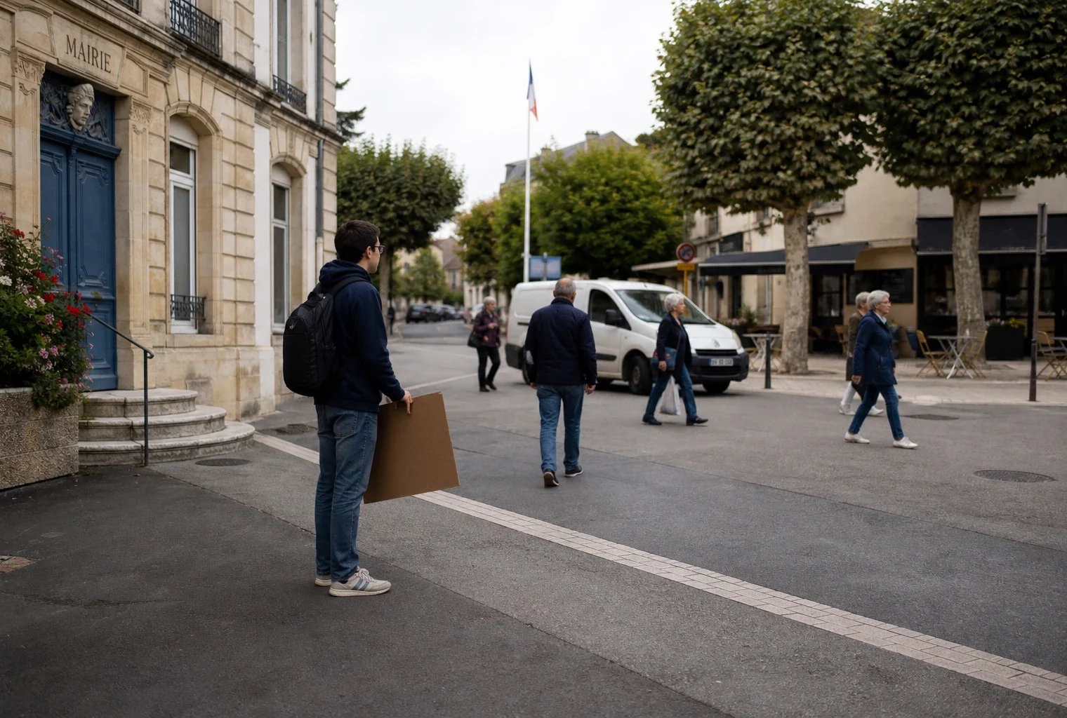 Scène de rue dans une ville moyenne française, avec une campagne politique discrète près de la mairie.