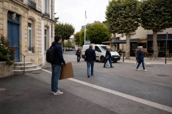 Scène de rue dans une ville moyenne française, avec une campagne politique discrète près de la mairie.