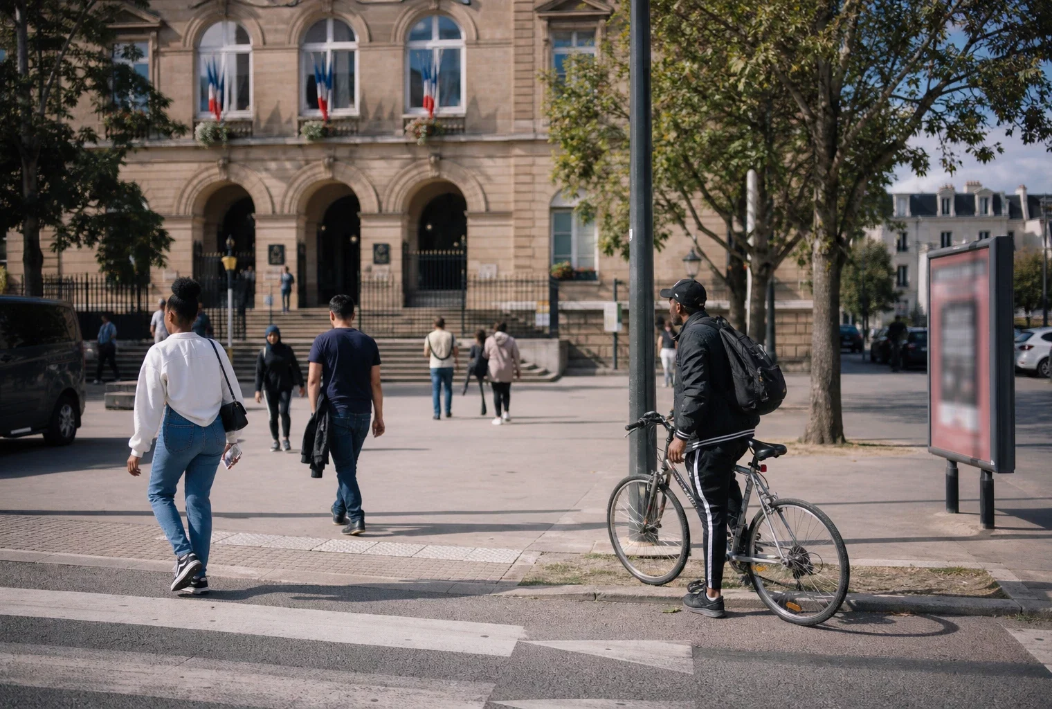 Place de mairie à Saint-Denis avec passants, vélos et ambiance de quartier en journée