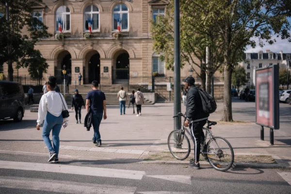Place de mairie à Saint-Denis avec passants, vélos et ambiance de quartier en journée