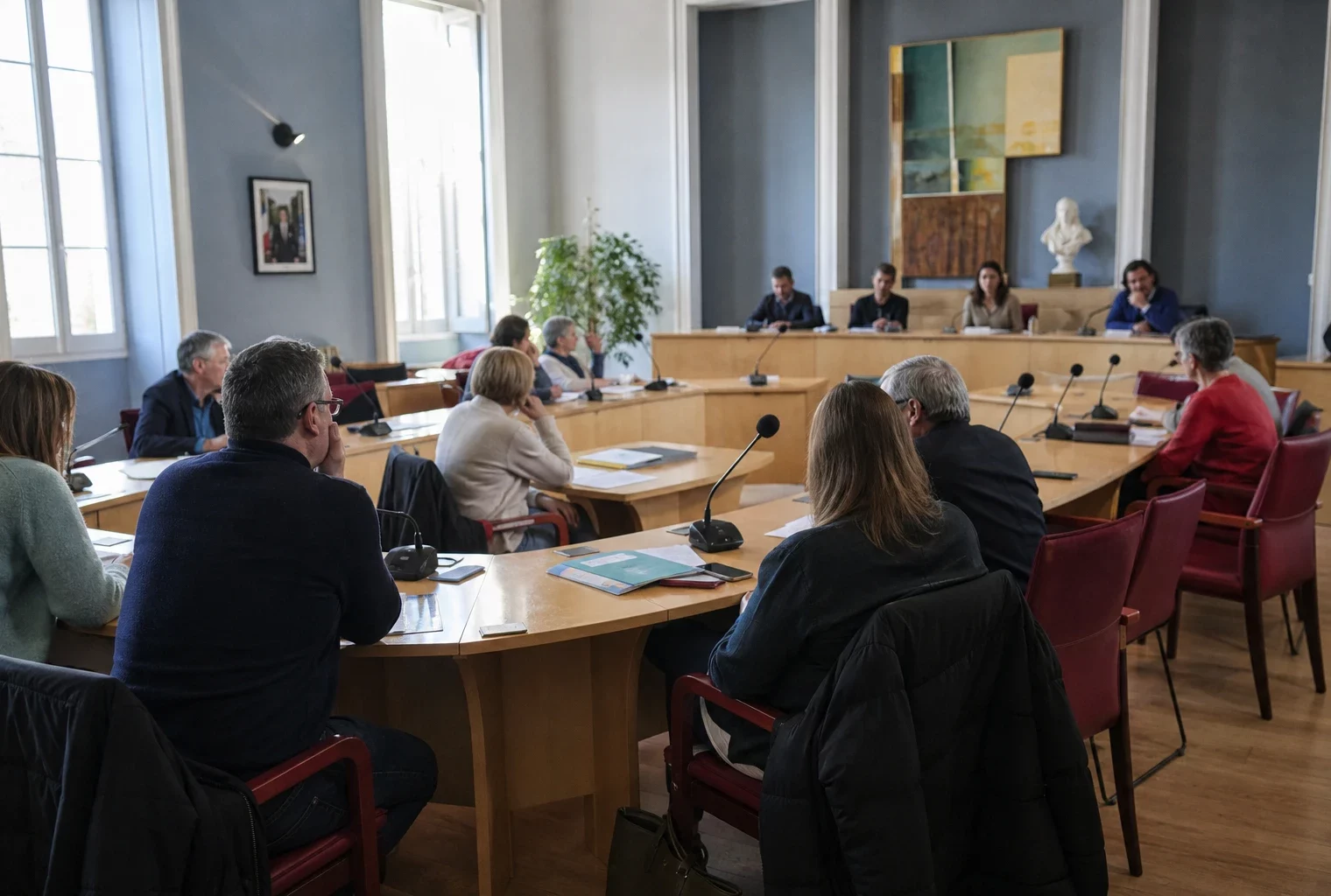 Salle municipale française avec chaise vide, micros et dossiers lors d’un conseil local sous tension numérique