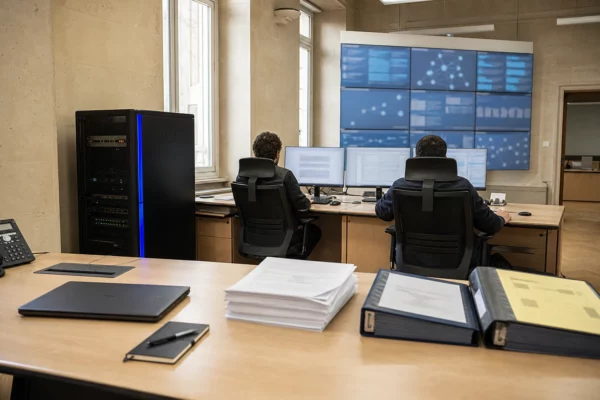 Salle française de coordination cybersécurité avec techniciens anonymes et écrans de surveillance flous