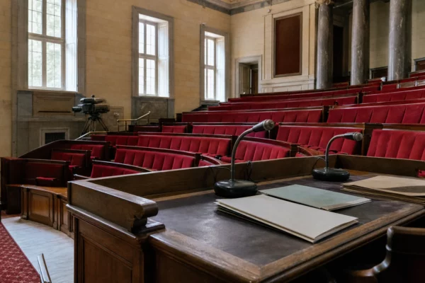 Salle institutionnelle française aux sièges rouges et micros anciens évoquant la campagne présidentielle de 1974