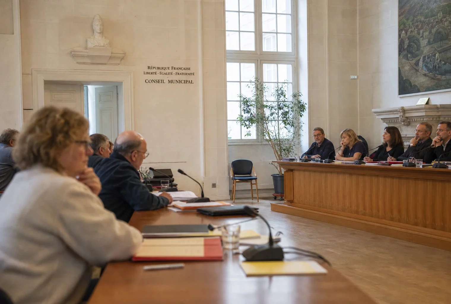 Réunion municipale dans une salle claire avec micros, dossiers flous et chaise vide subtile