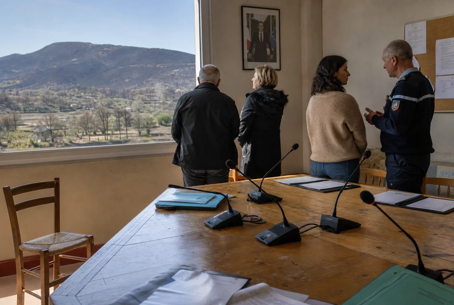 Salle municipale de Jonquières avec une chaise vide, des micros et des habitants face aux collines brûlées