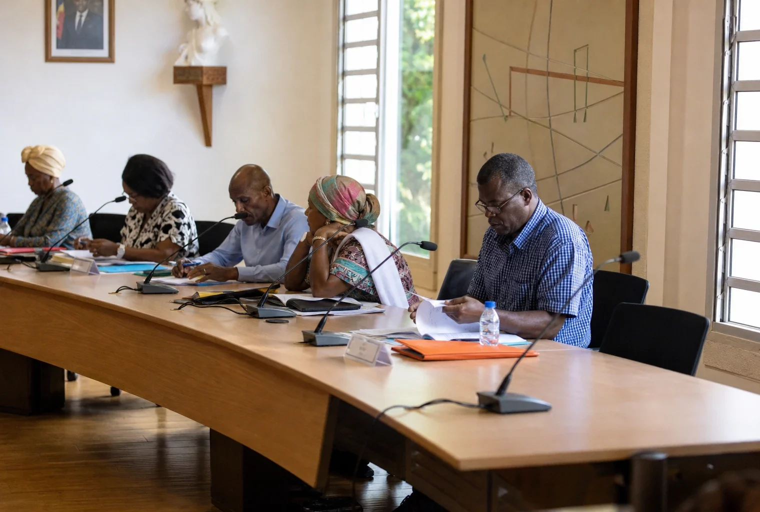 Salle municipale à Mayotte avec chaise vide, micros et dossiers lors d’une réunion locale