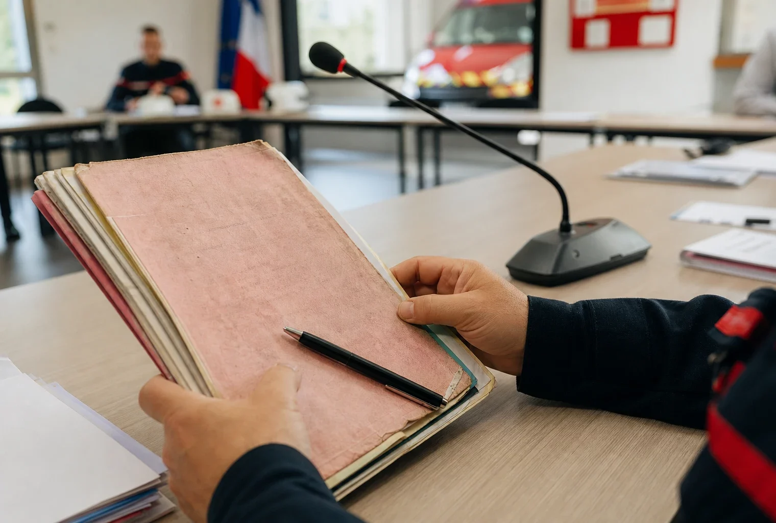Mains anonymes tenant un dossier de sécurité civile près d’un micro dans une salle publique française