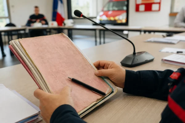Mains anonymes tenant un dossier de sécurité civile près d’un micro dans une salle publique française