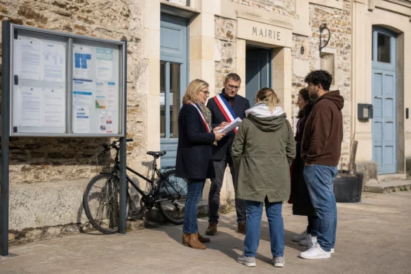 Citoyens et élus anonymes échangent devant une mairie française sur la sécurité des lieux de culte