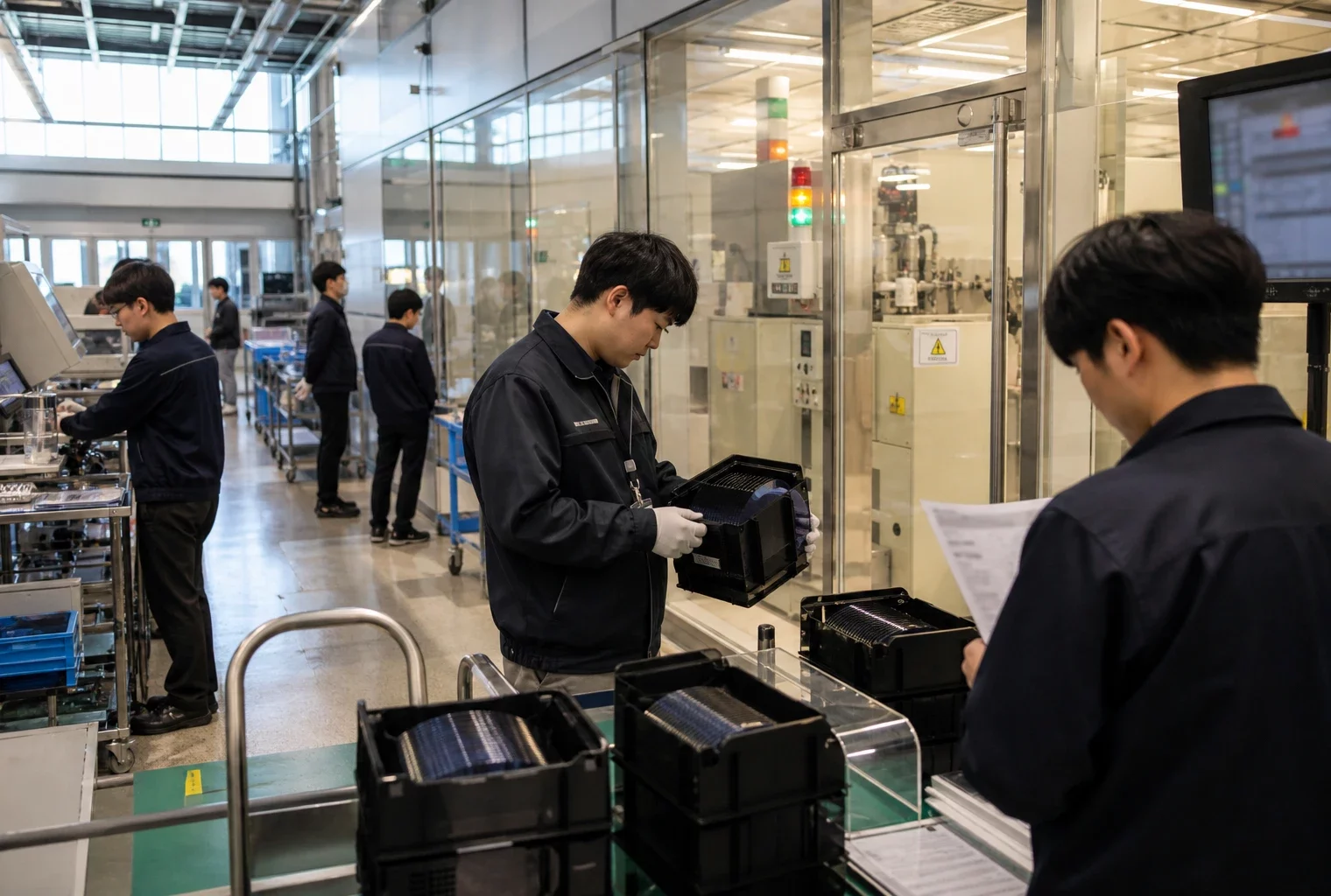 Ingénieurs anonymes dans une usine sud-coréenne de semi-conducteurs, entre production de puces et débat sur le temps de travail
