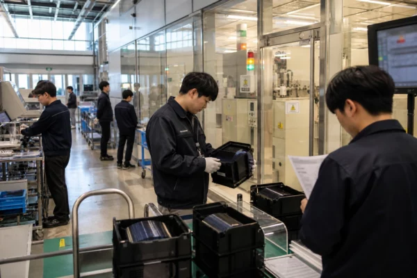 Ingénieurs anonymes dans une usine sud-coréenne de semi-conducteurs, entre production de puces et débat sur le temps de travail