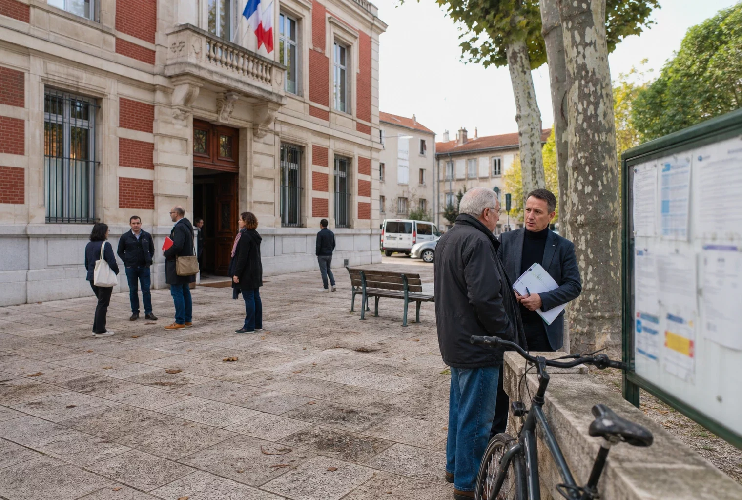 Élus locaux et habitants échangent sur une place municipale de Villeurbanne, dans le Rhône