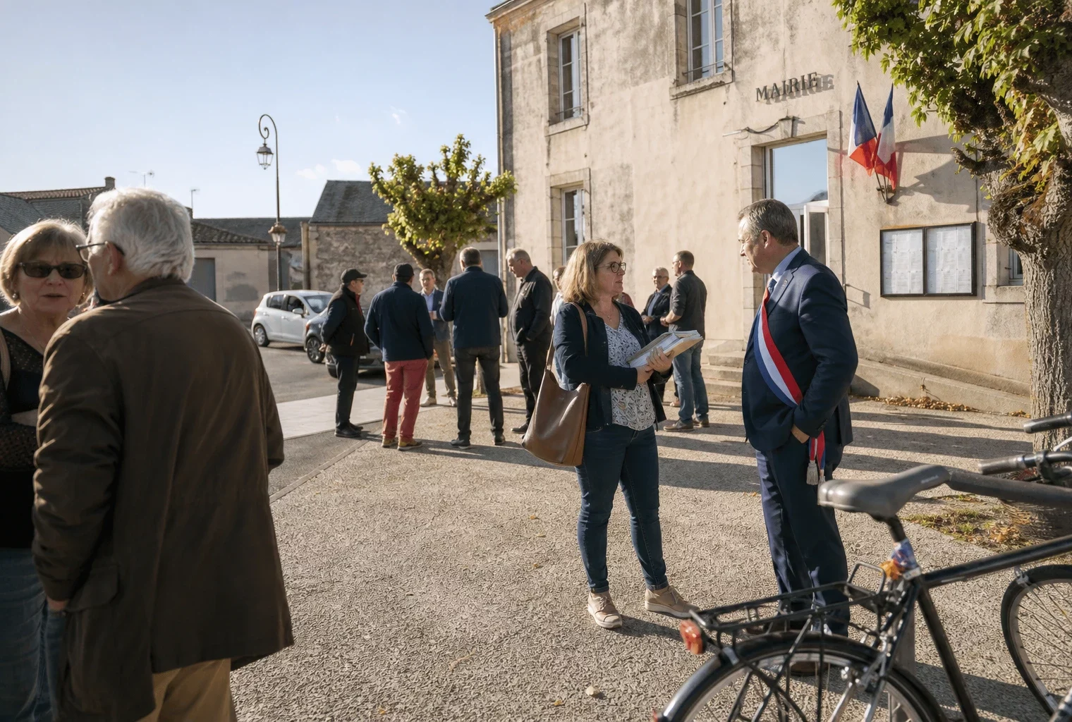 Élus locaux et habitants échangent devant une mairie vendéenne pendant la campagne des élections sénatoriales