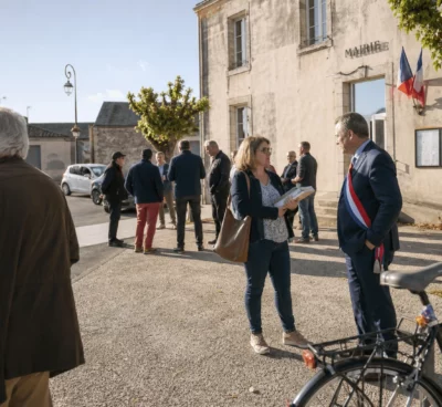 Élus locaux et habitants échangent devant une mairie vendéenne pendant la campagne des élections sénatoriales