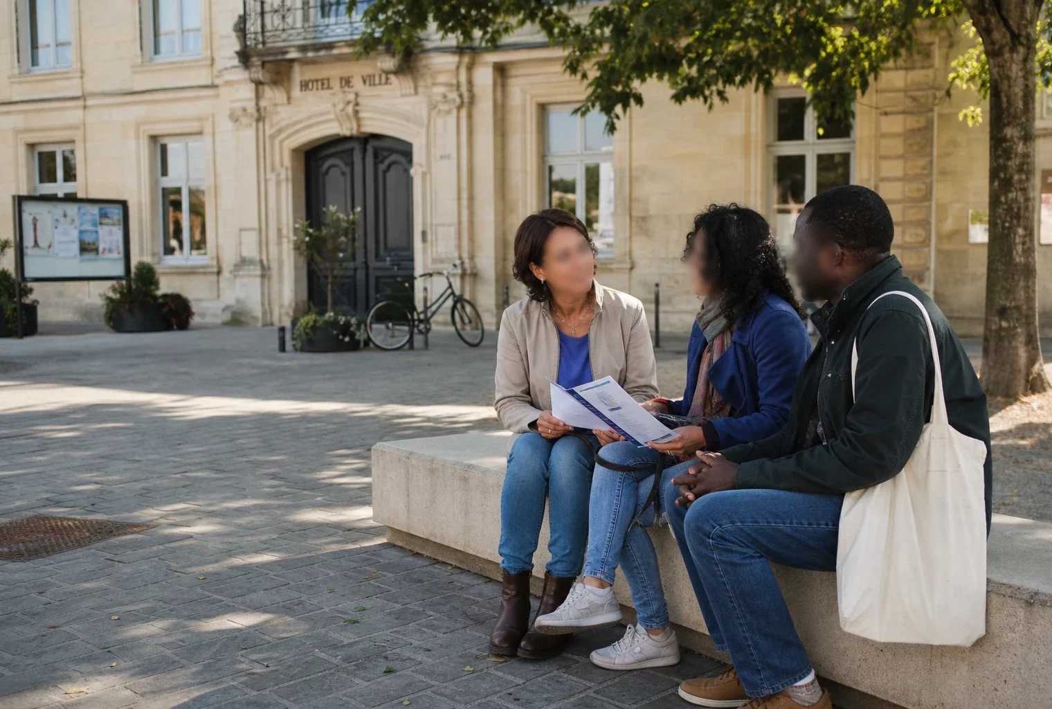 Citoyens anonymes devant une mairie française, une scène claire évoquant l’accès aux droits et la lutte contre la sérophobie