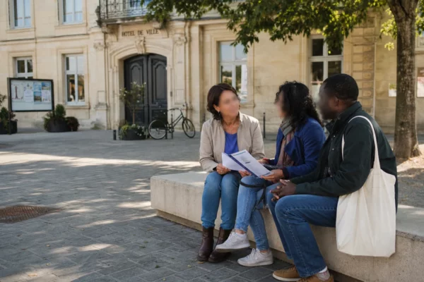 Citoyens anonymes devant une mairie française, une scène claire évoquant l’accès aux droits et la lutte contre la sérophobie