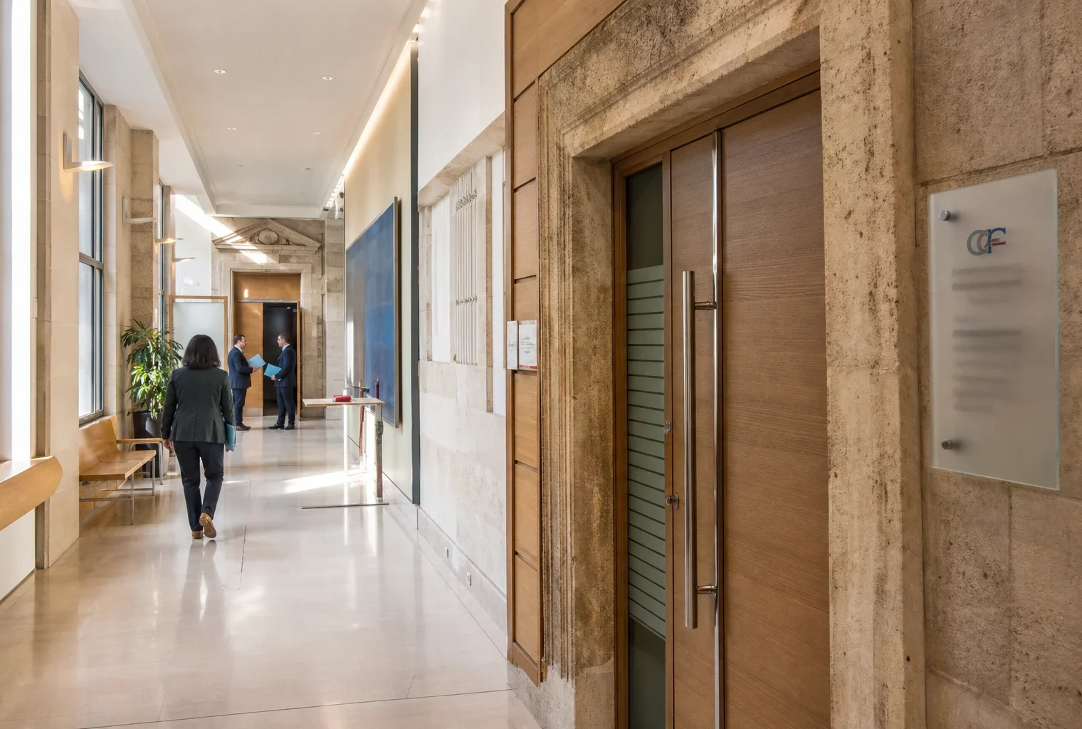 Hall clair d’un régulateur économique français, avec une porte de salle d’audition et des professionnels anonymes