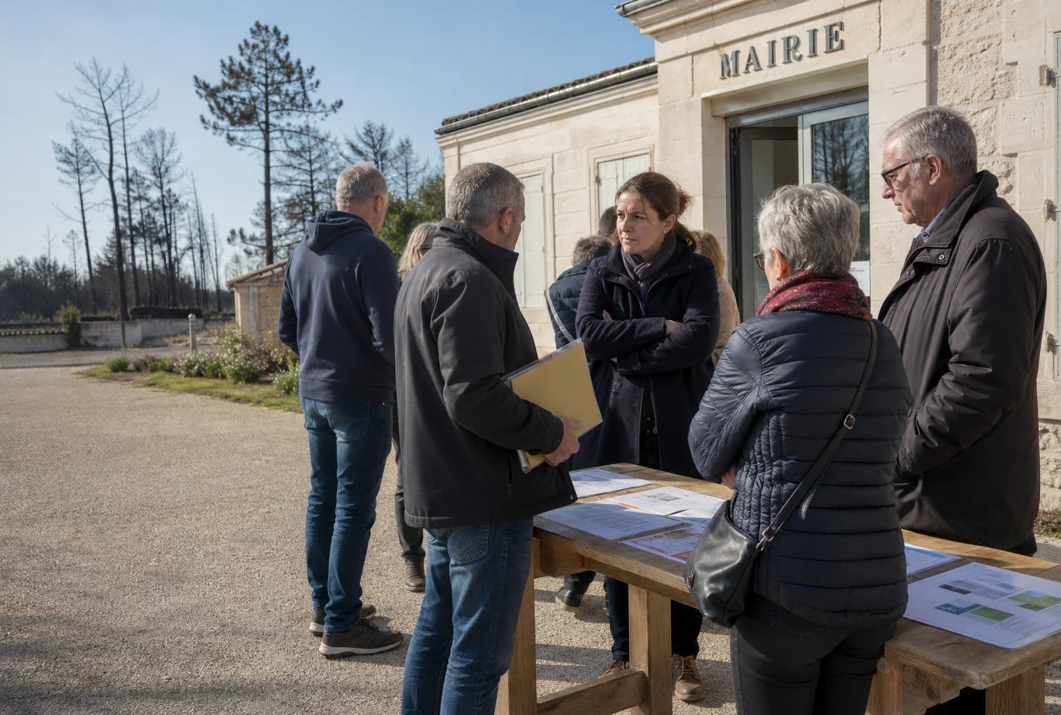 Sinistrés du Porge échangeant avec des élus devant la mairie après l’incendie en Gironde