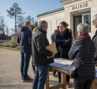 Sinistrés du Porge échangeant avec des élus devant la mairie après l’incendie en Gironde
