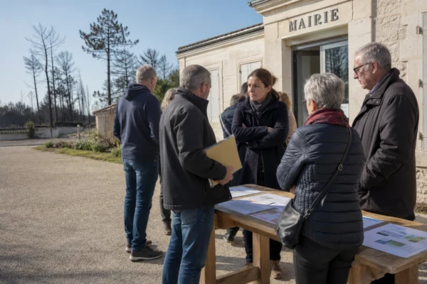 Sinistrés du Porge échangeant avec des élus devant la mairie après l’incendie en Gironde