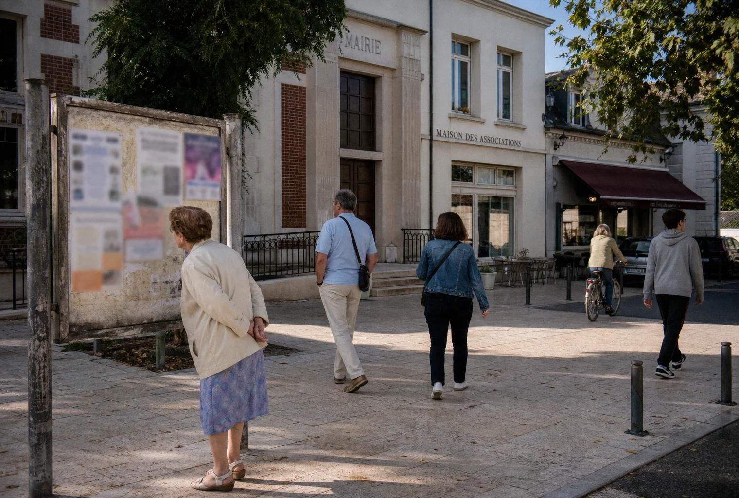 Habitants anonymes devant une mairie française et un panneau d’affiches anciennes évoquant la campagne de 1988