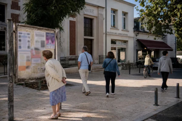 Habitants anonymes devant une mairie française et un panneau d’affiches anciennes évoquant la campagne de 1988