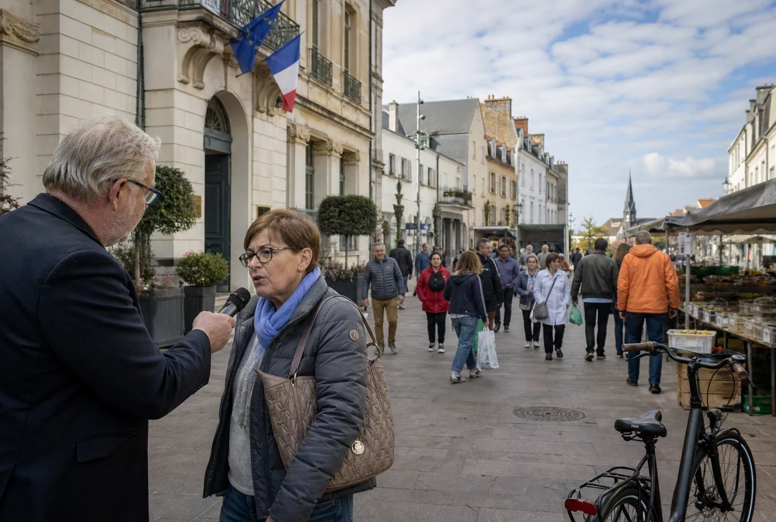 Micro-trottoir dans une rue française, avec des habitants anonymes et un marché de quartier en arrière-plan