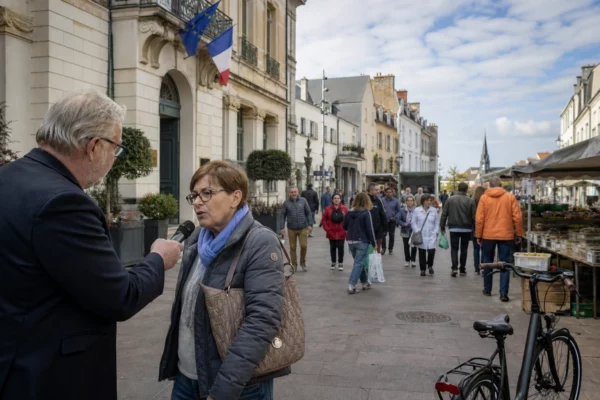 Micro-trottoir dans une rue française, avec des habitants anonymes et un marché de quartier en arrière-plan