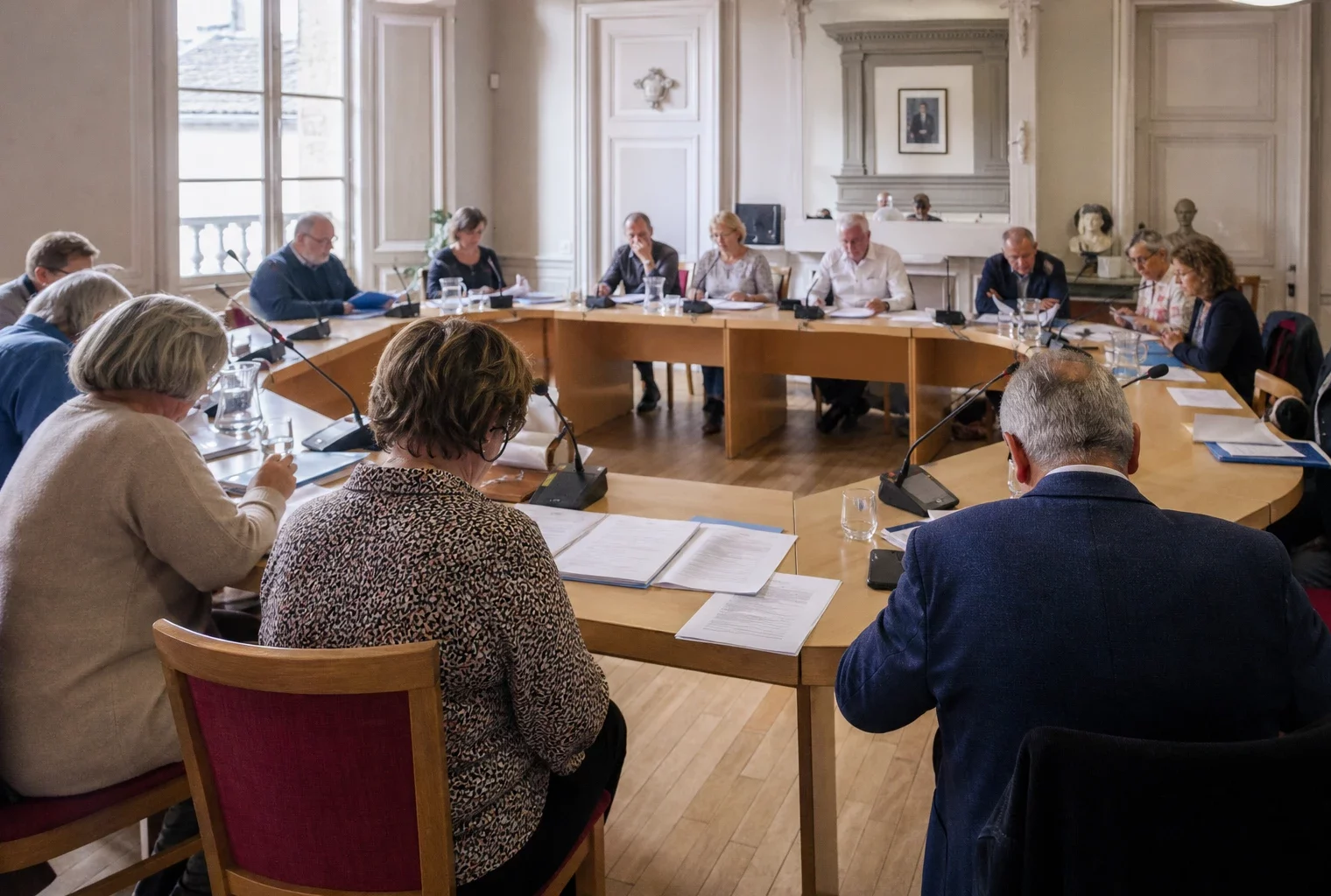 Salle municipale française avec chaise vide, micros et dossiers lors d’une réunion sur le soutien à l’Ukraine