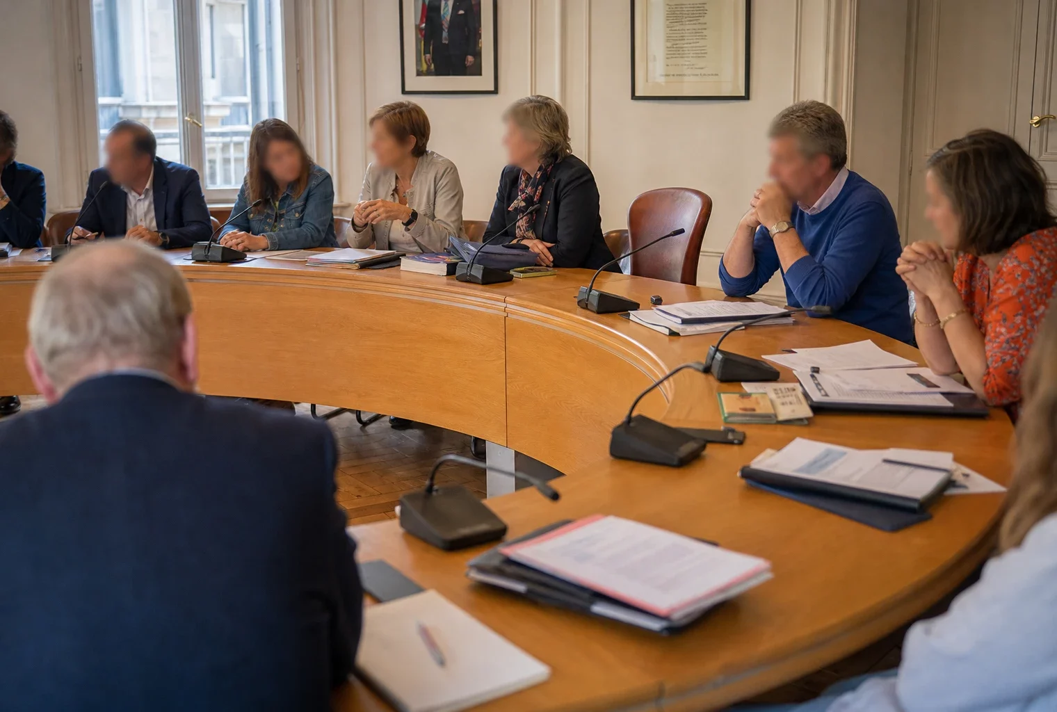 Salle municipale française avec élus anonymes, micros, dossiers flous et une chaise vide autour d’une table