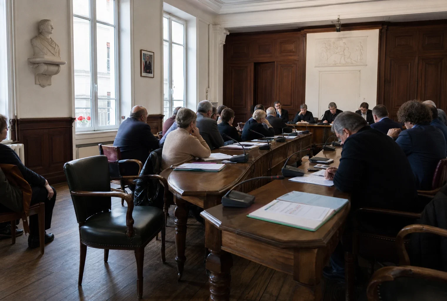 Salle municipale française avec une chaise vide, des micros et des dossiers évoquant la suspension des décorations de François Fillon