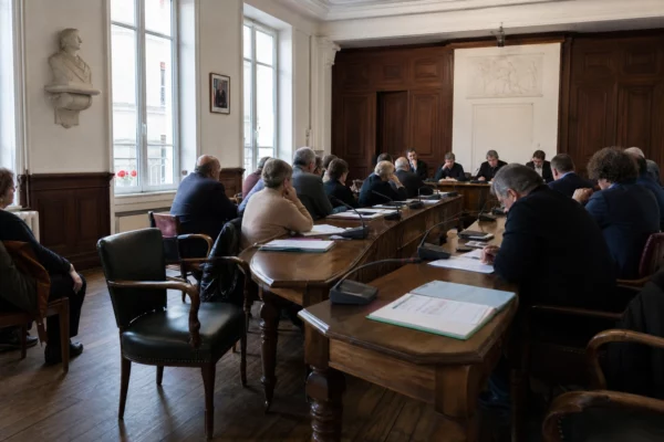 Salle municipale française avec une chaise vide, des micros et des dossiers évoquant la suspension des décorations de François Fillon