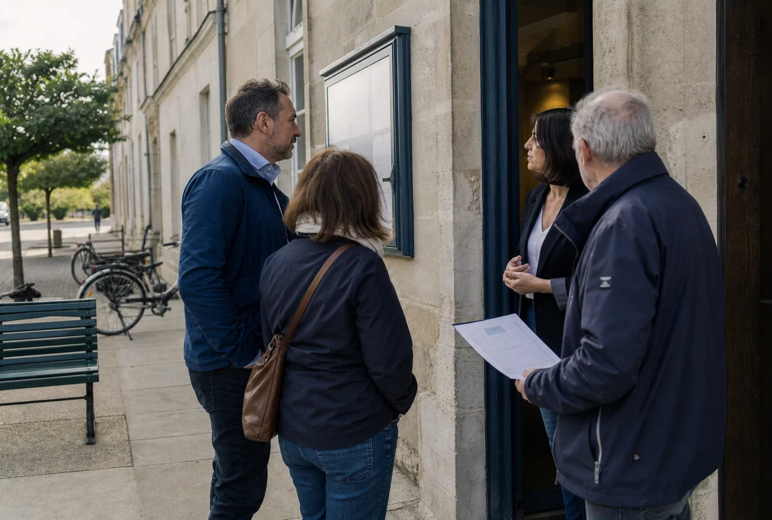 Citoyens échangeant devant une mairie française autour d’une décision institutionnelle et d’un document officiel flou