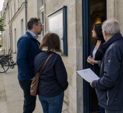 Citoyens échangeant devant une mairie française autour d’une décision institutionnelle et d’un document officiel flou