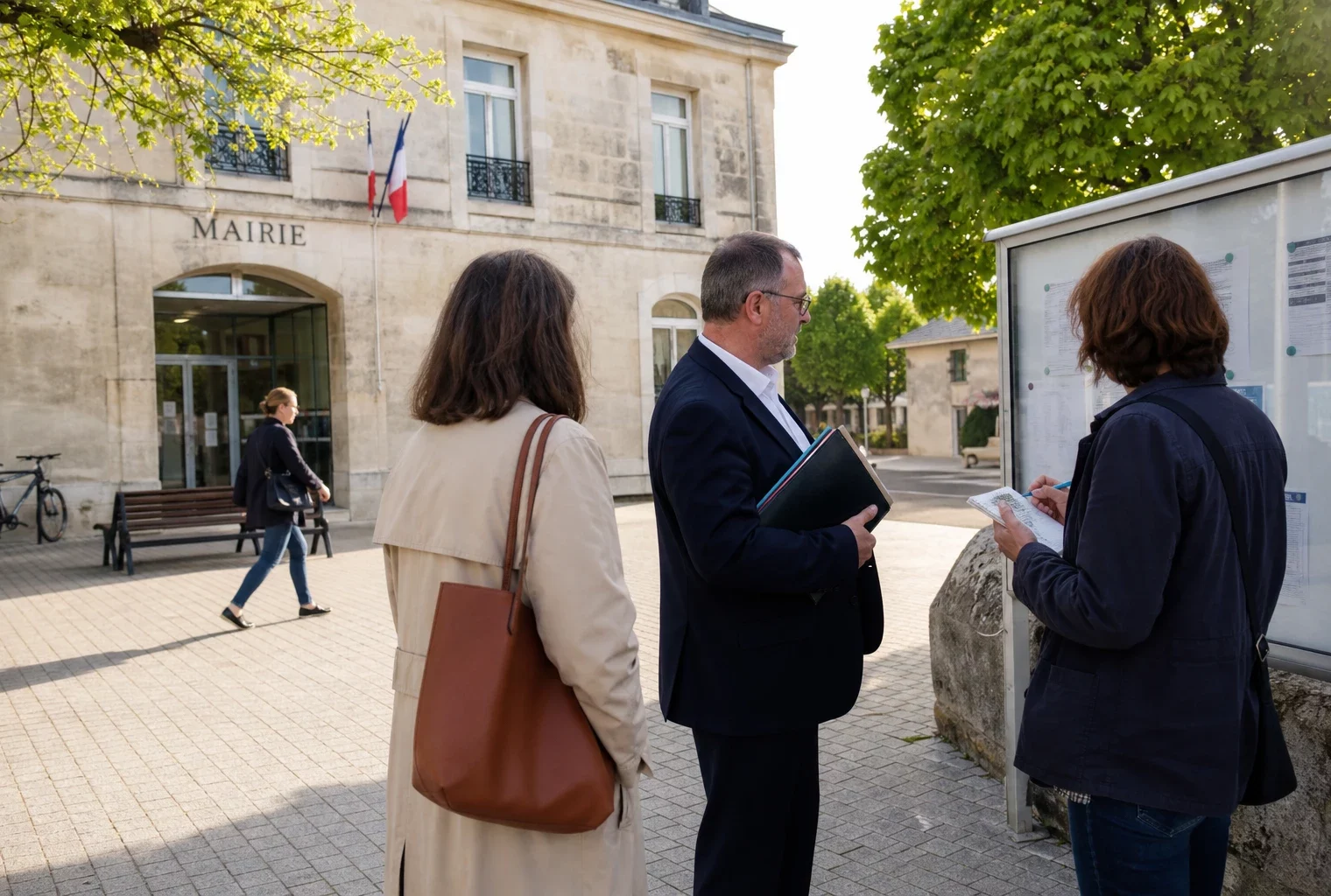 Citoyens anonymes échangeant devant une mairie française, dans une scène de vie civique liée à une sanction institutionnelle