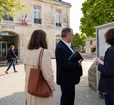 Citoyens anonymes échangeant devant une mairie française, dans une scène de vie civique liée à une sanction institutionnelle